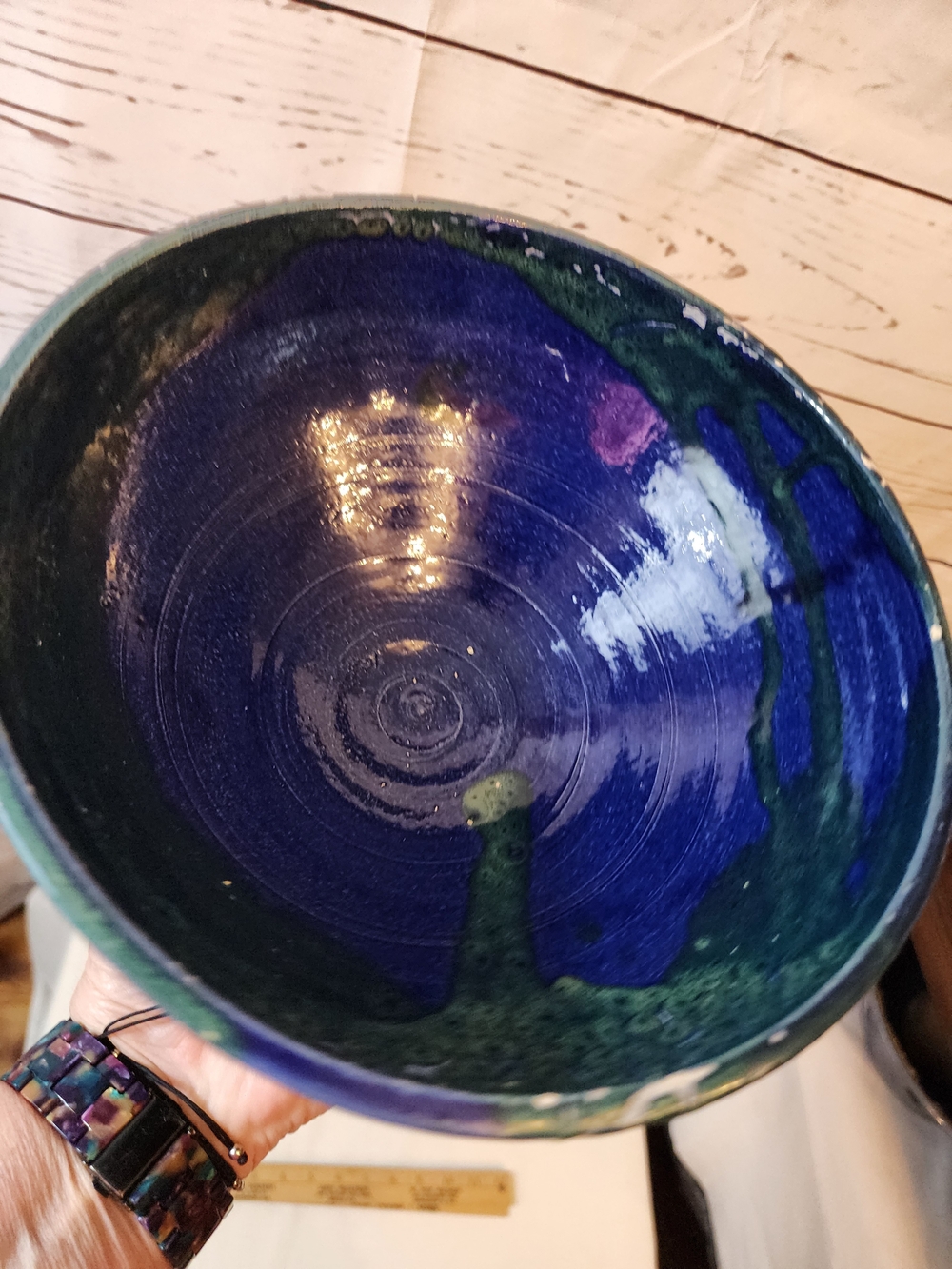 Handmade Ceramic Bowl in Deep Blue with Green Accents - Home Art